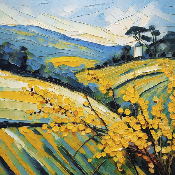 A painting of a field of yellow flowers