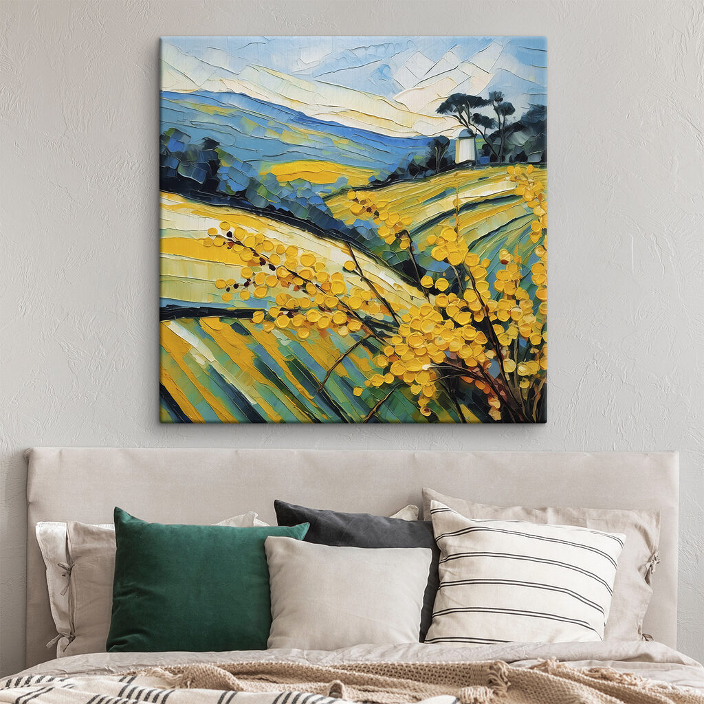 A painting of a field of yellow flowers