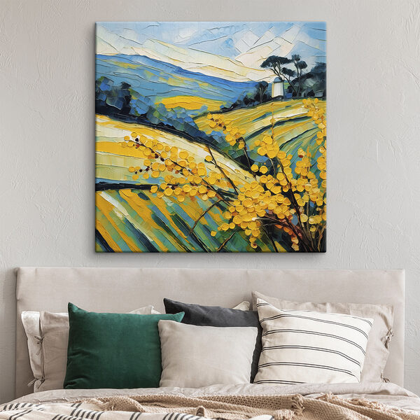 A painting of a field of yellow flowers