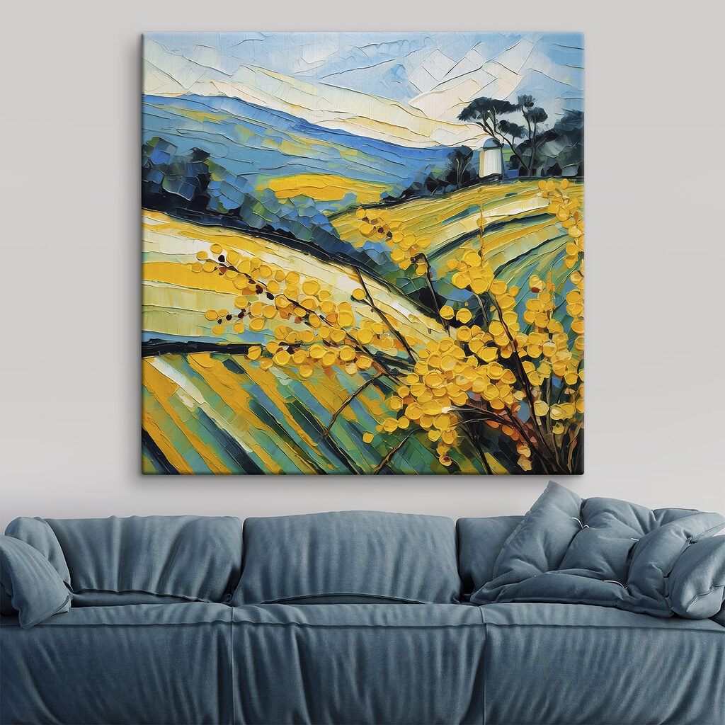 A painting of a field of yellow flowers