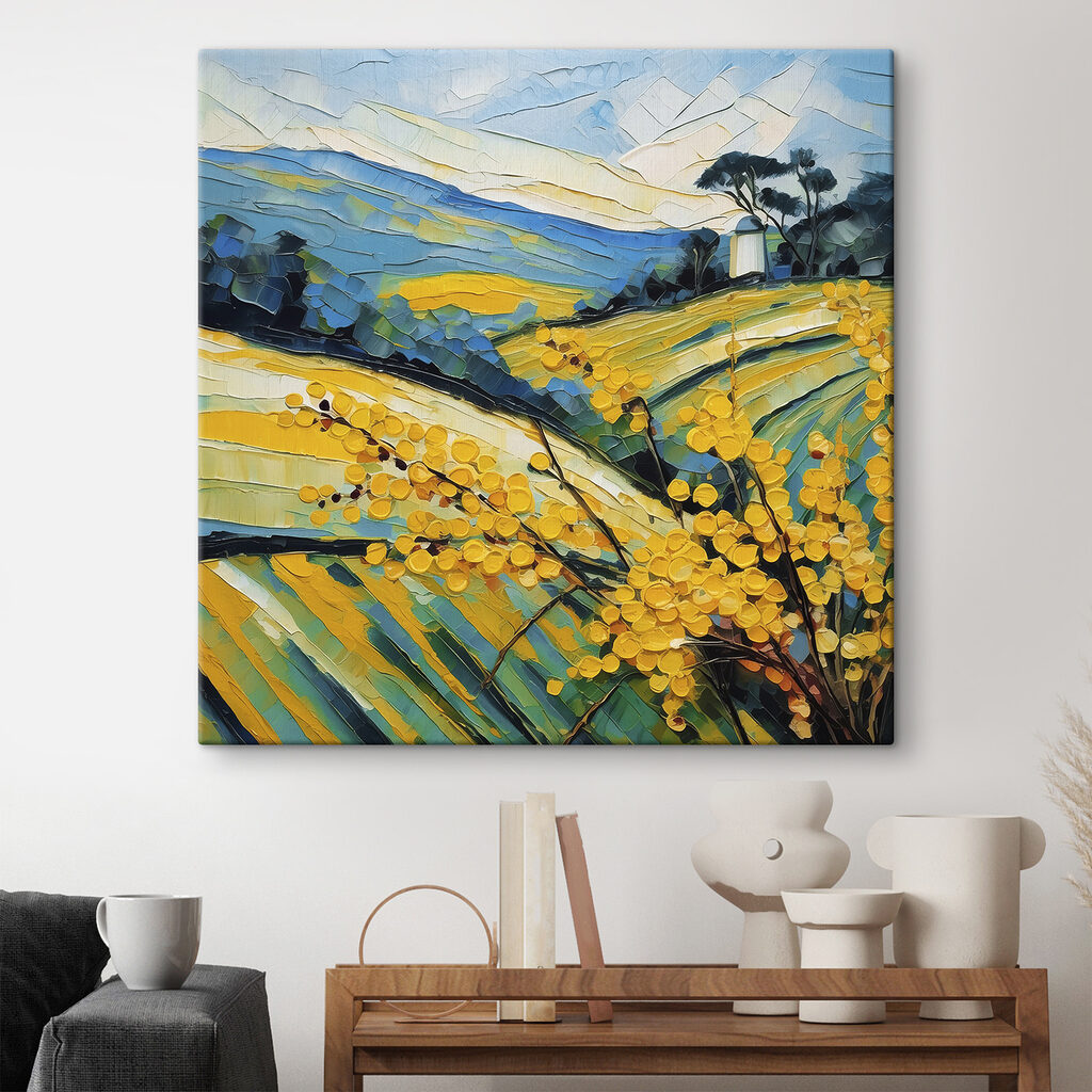A painting of a field of yellow flowers