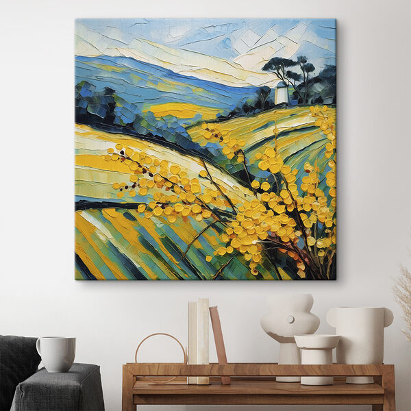 A painting of a field of yellow flowers