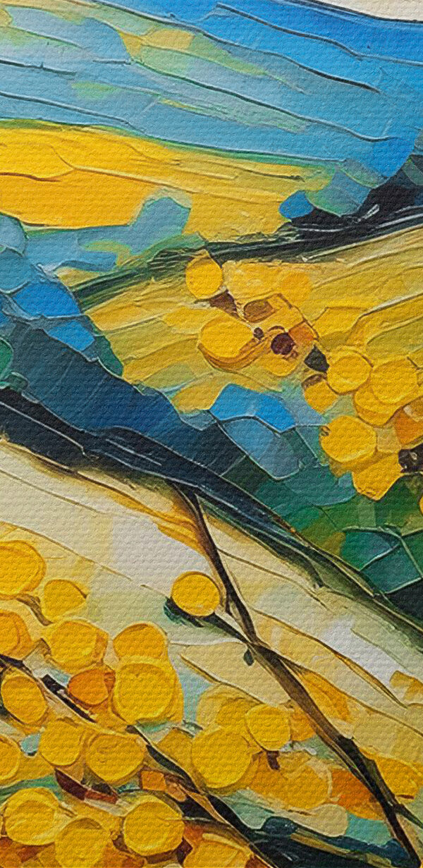A painting of a field of yellow flowers