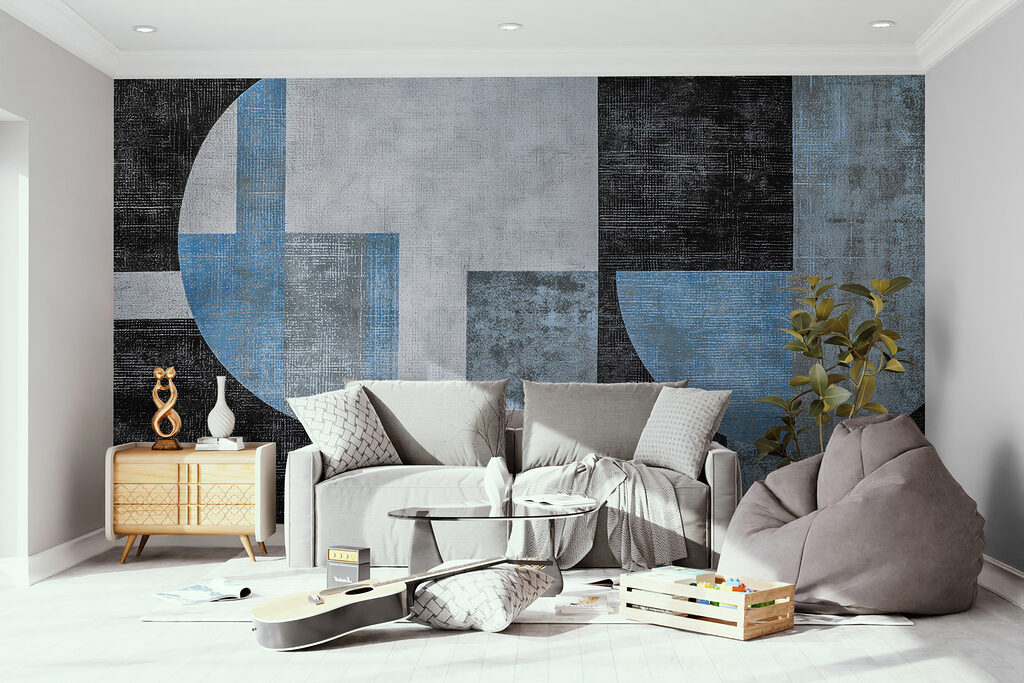 A black and blue and white art piece