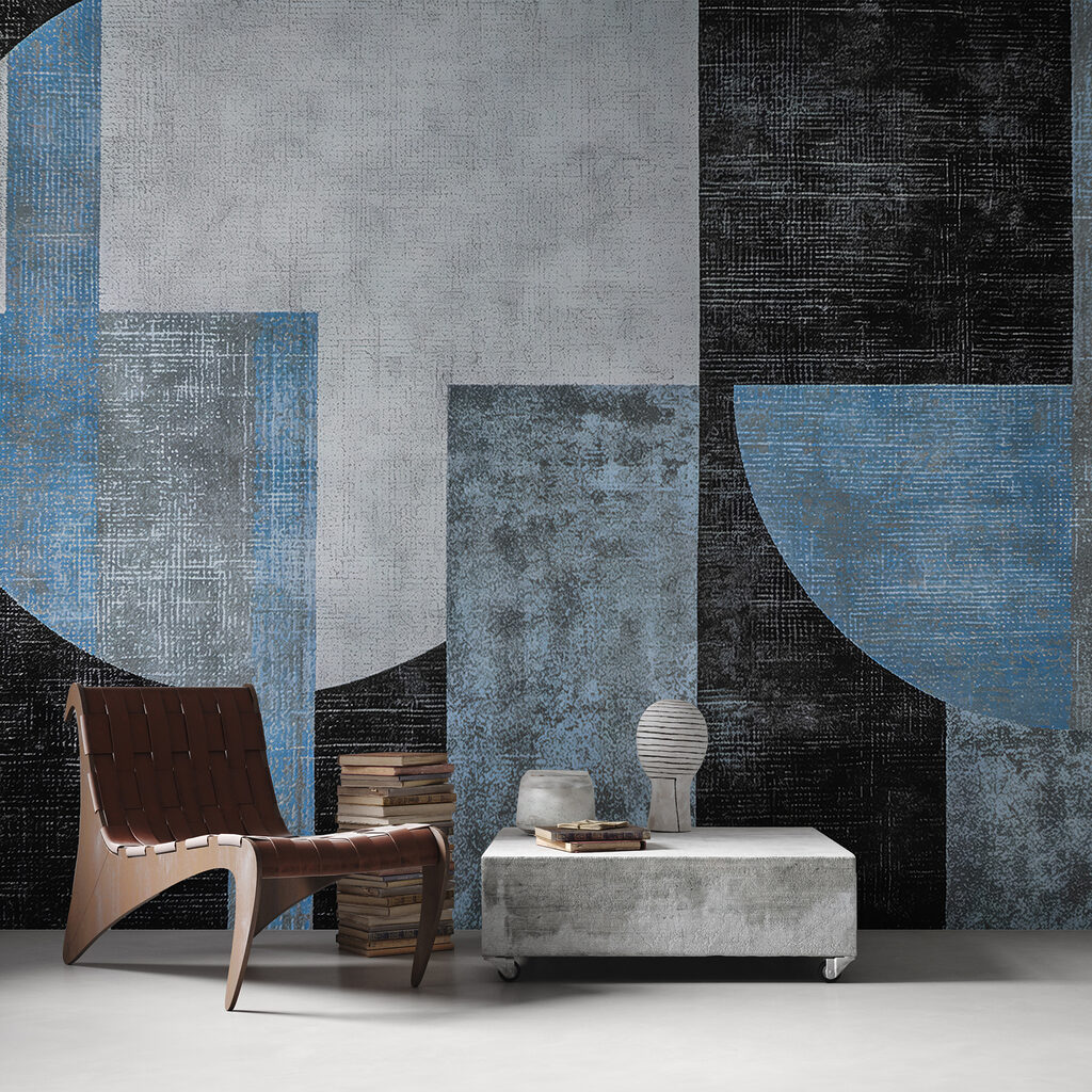 A black and blue and white art piece