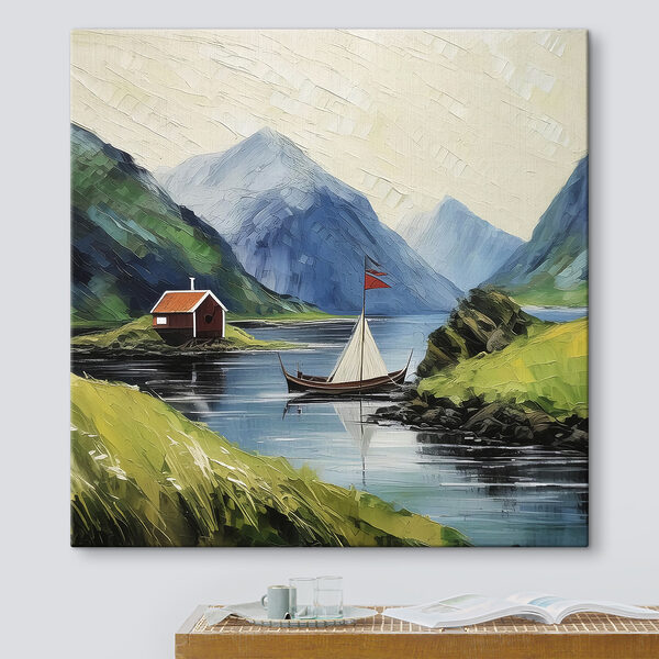 A painting of a boat on a lake with mountains and a house A painting of a boat on a lake with mountains and a house