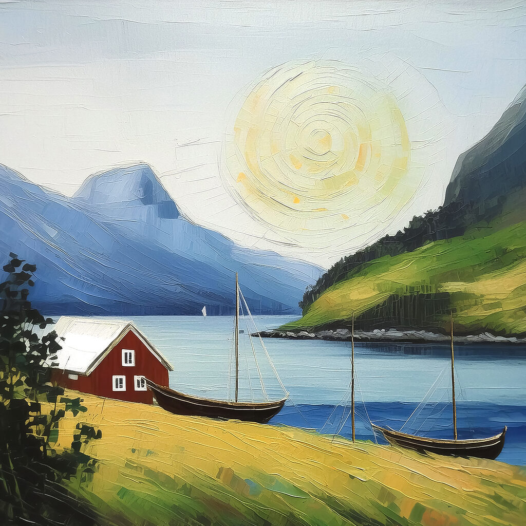 A painting of a house and boats on a lake