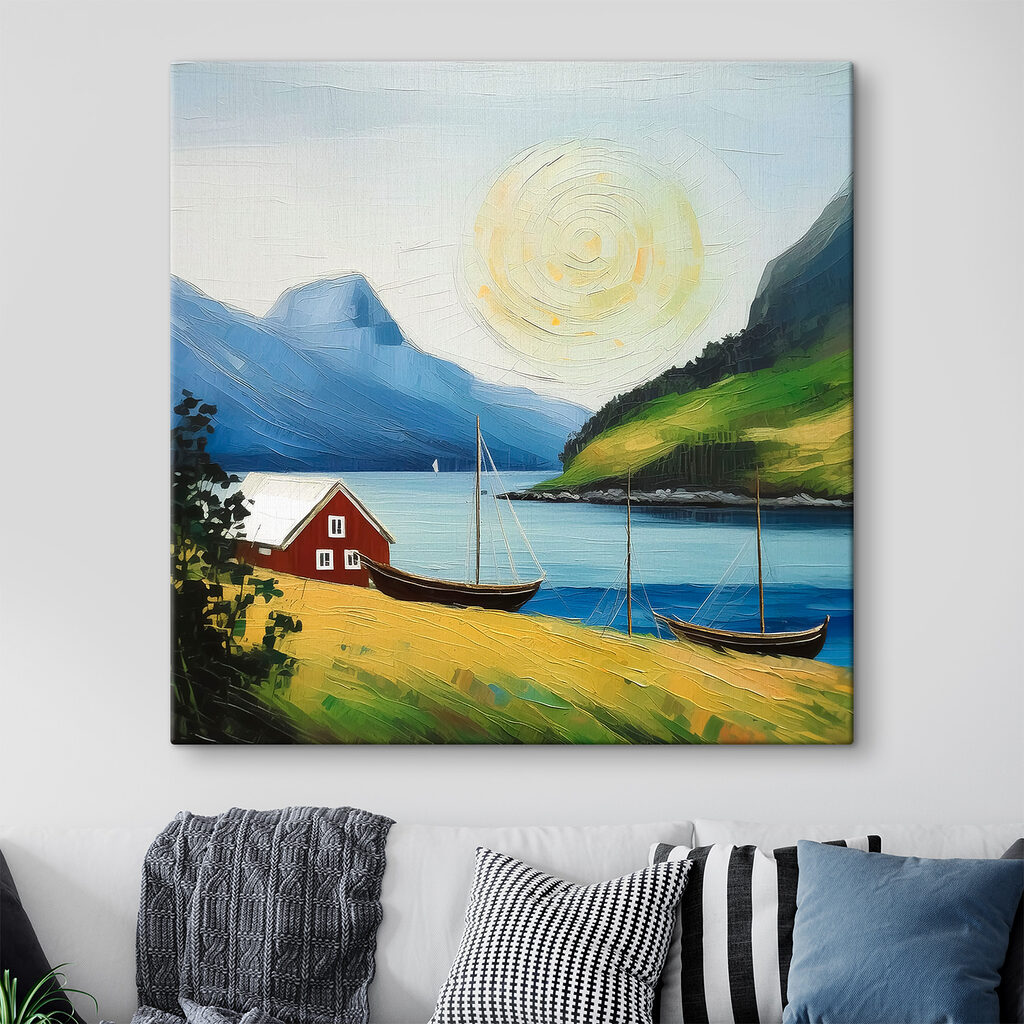 A painting of a house and boats on a lake