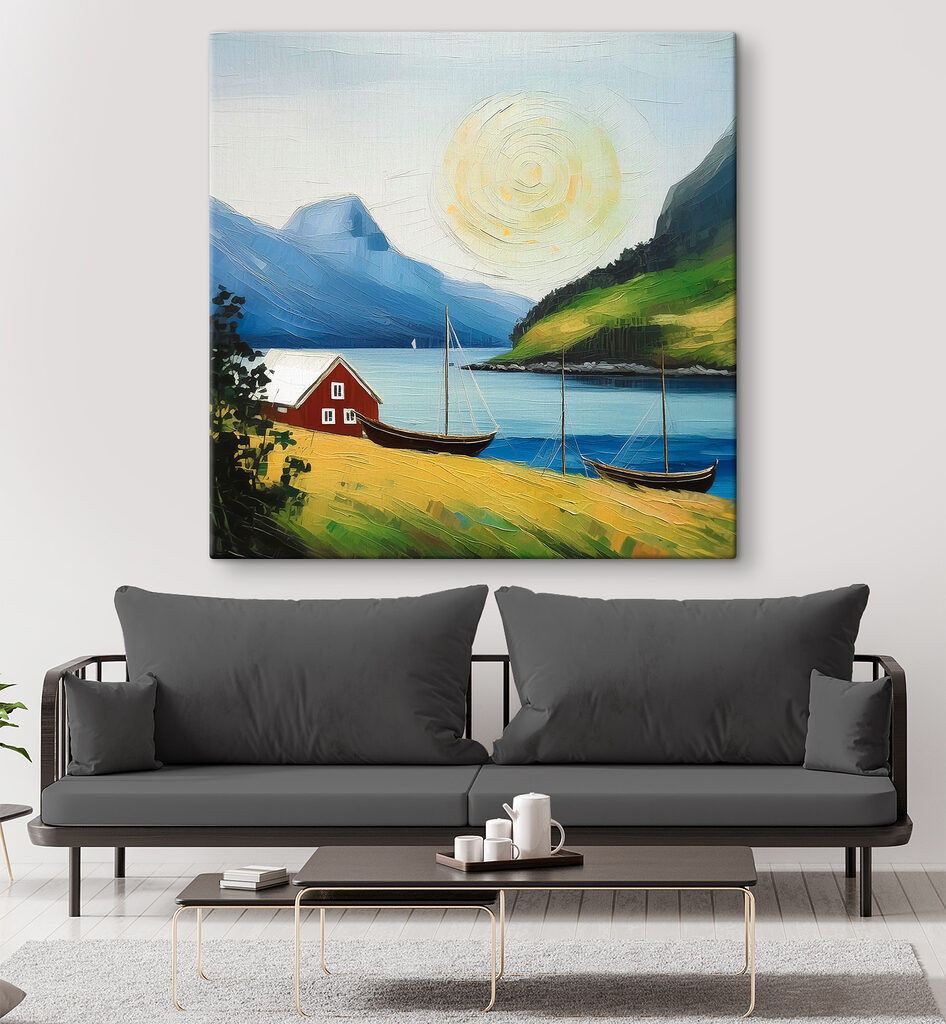 A painting of a house and boats on a lake