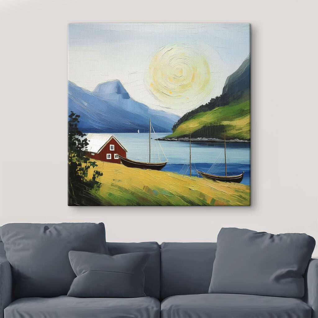 A painting of a house and boats on a lake