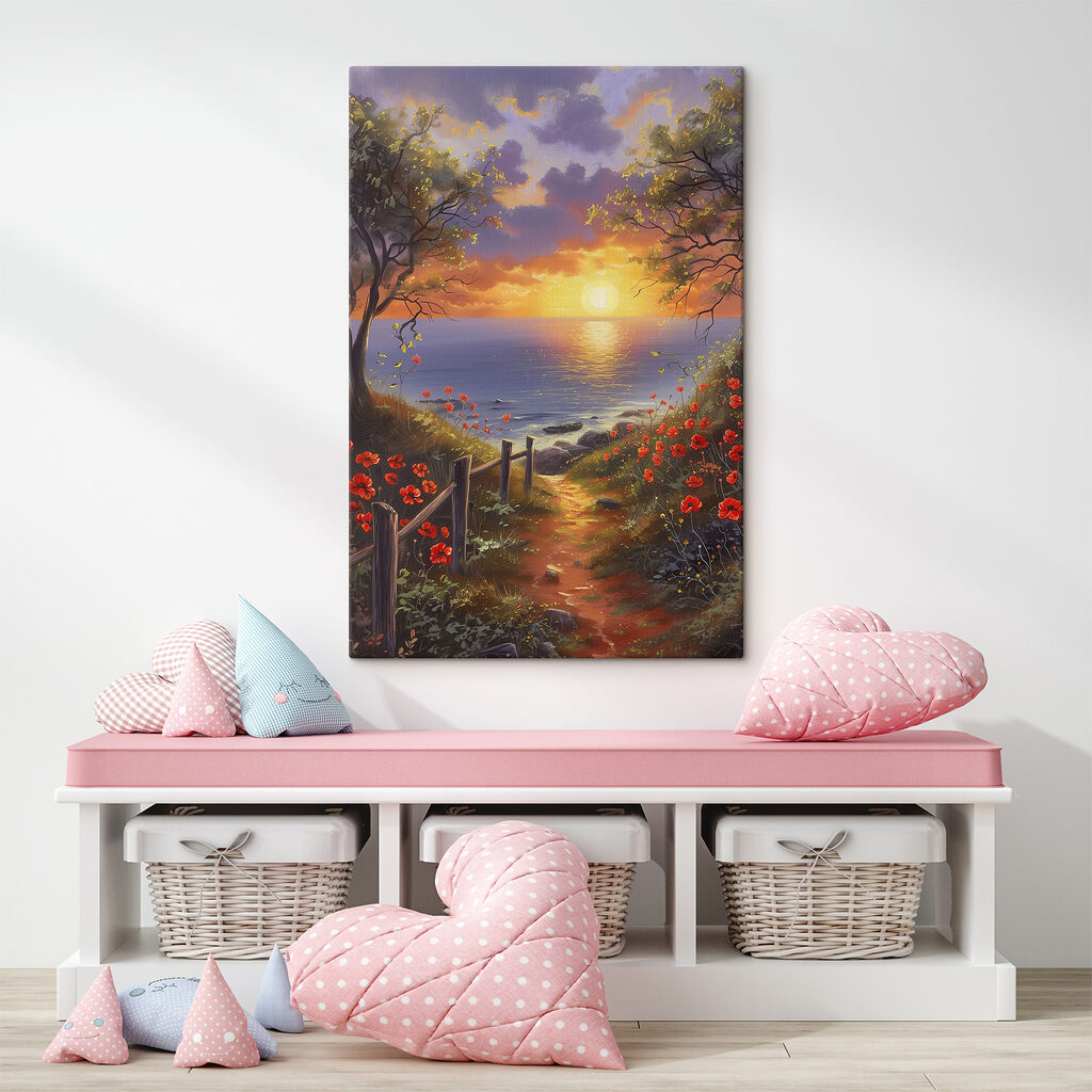 A painting of a path leading to a body of water with flowers A painting of a path leading to a body of water with flowers