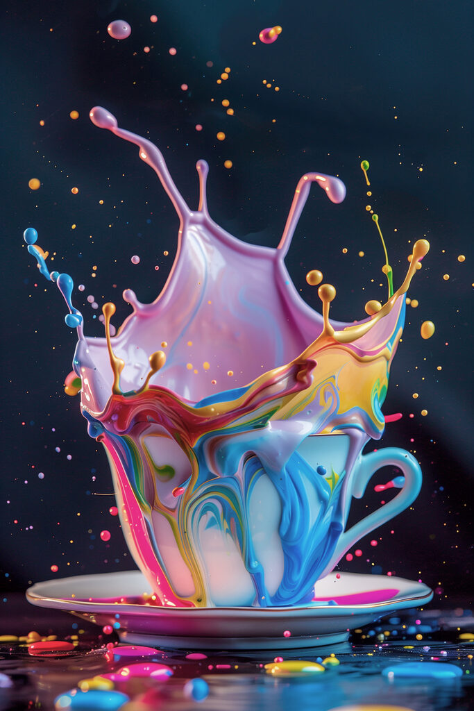 A colorful liquid splashing into a cup A colorful liquid splashing into a cup