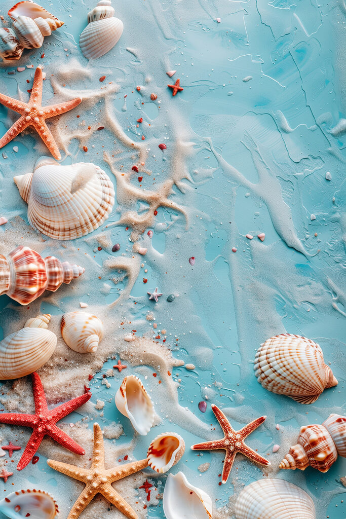 A group of seashells and starfish on a blue surface A group of seashells and starfish on a blue surface
