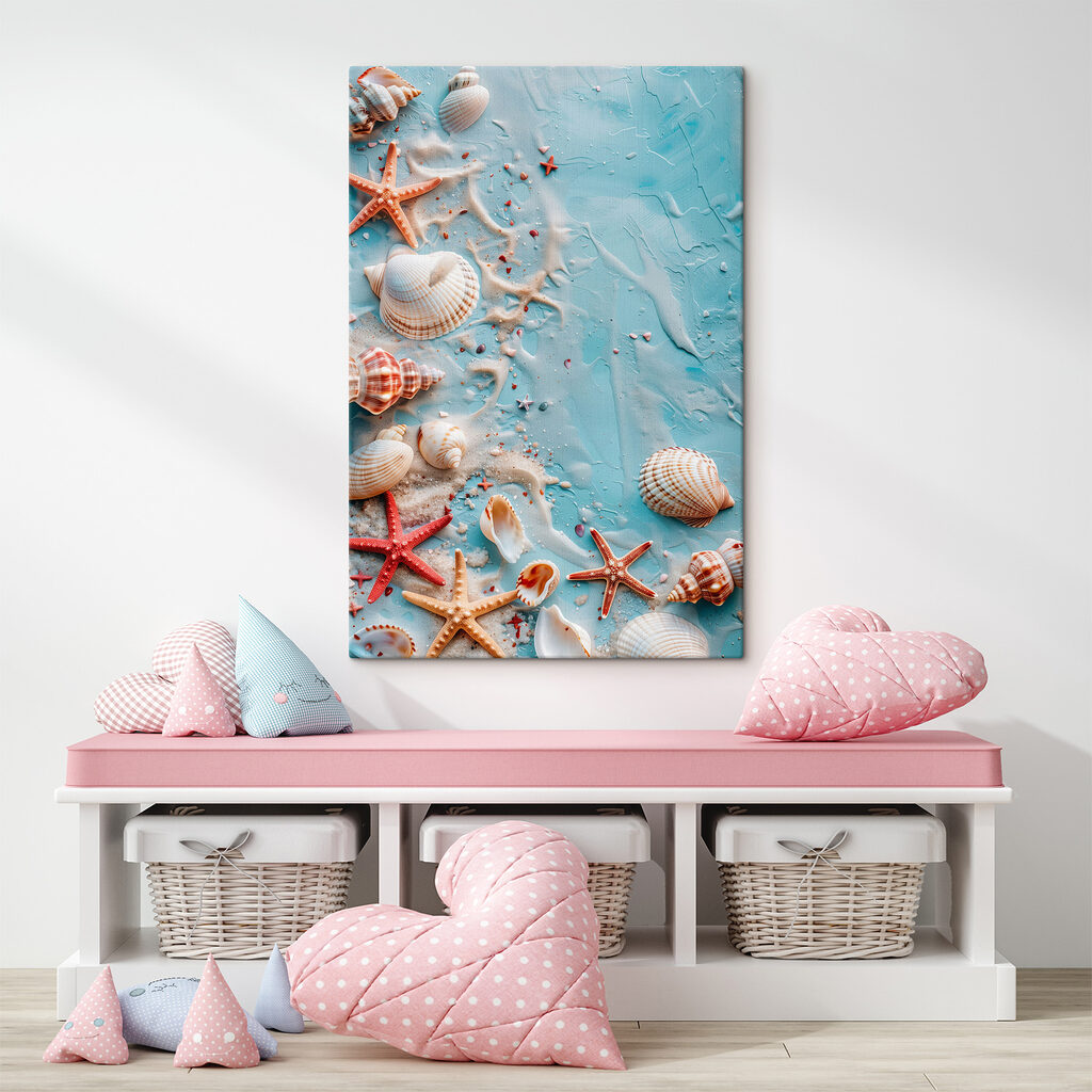 A group of seashells and starfish on a blue surface A group of seashells and starfish on a blue surface