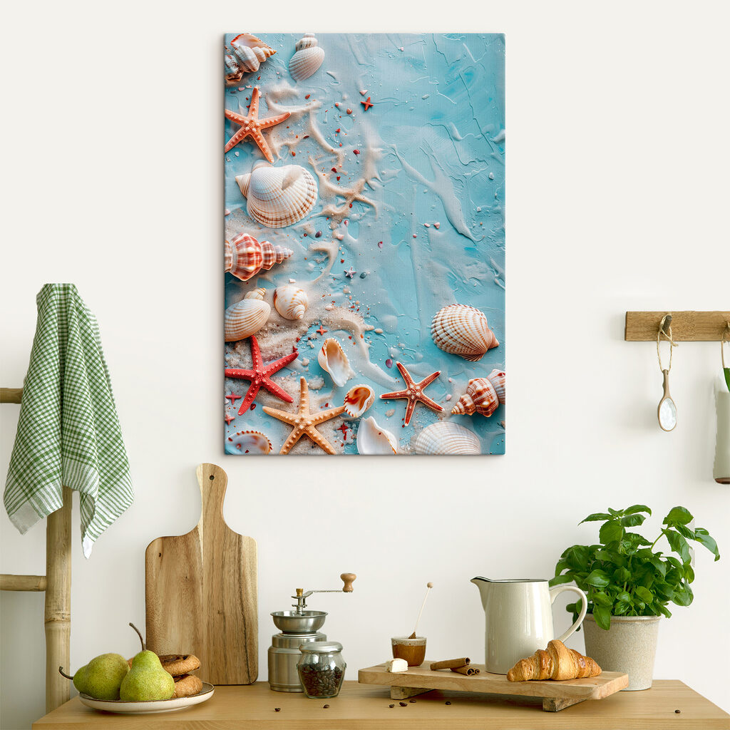 A group of seashells and starfish on a blue surface A group of seashells and starfish on a blue surface
