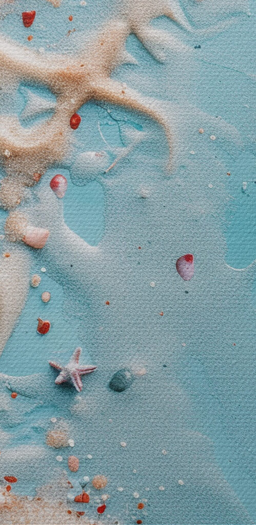 A group of seashells and starfish on a blue surface A group of seashells and starfish on a blue surface
