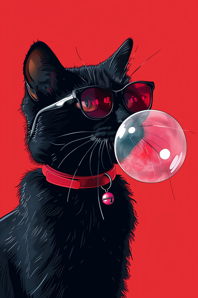 A cat wearing sunglasses and chewing gum