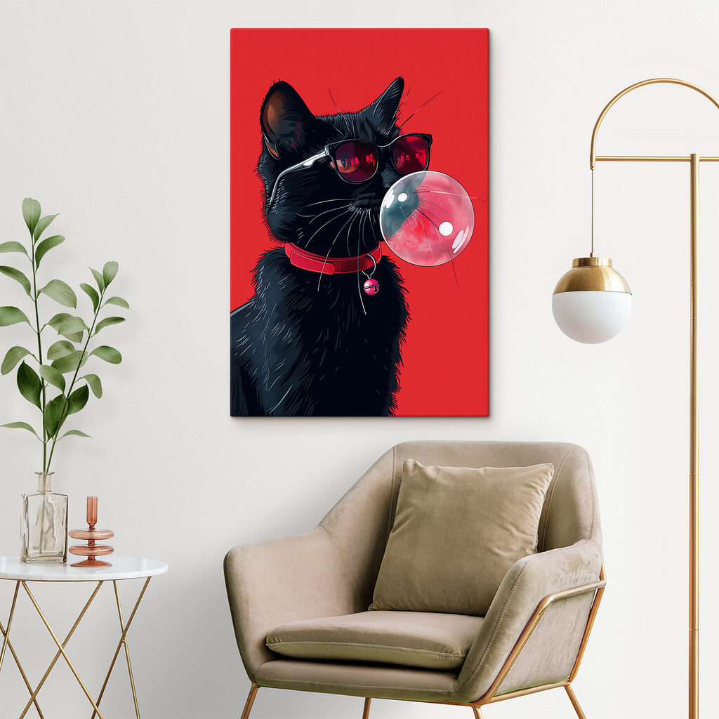 A cat wearing sunglasses and chewing gum