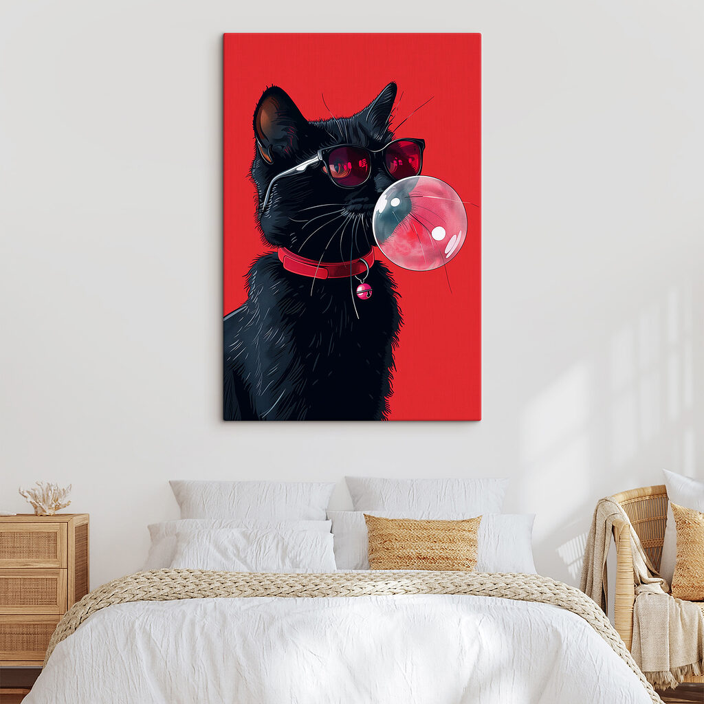 A cat wearing sunglasses and chewing gum