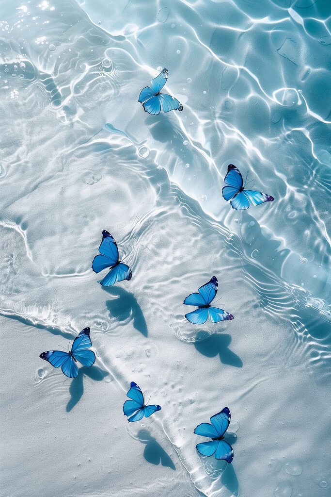 A group of blue butterflies floating on water