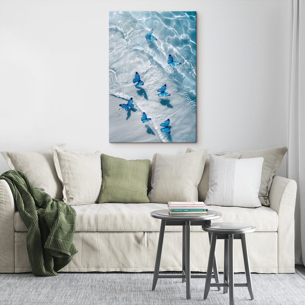 A group of blue butterflies floating on water