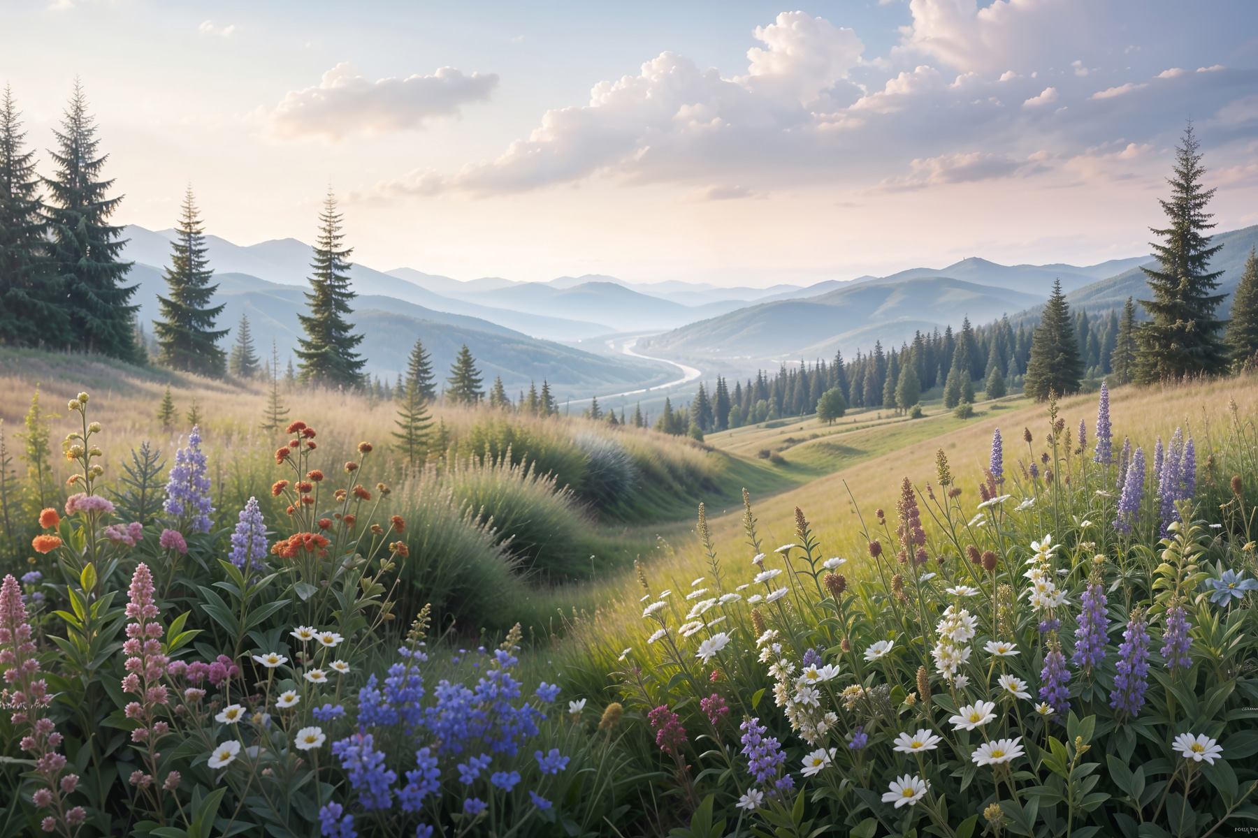 A field of flowers and trees