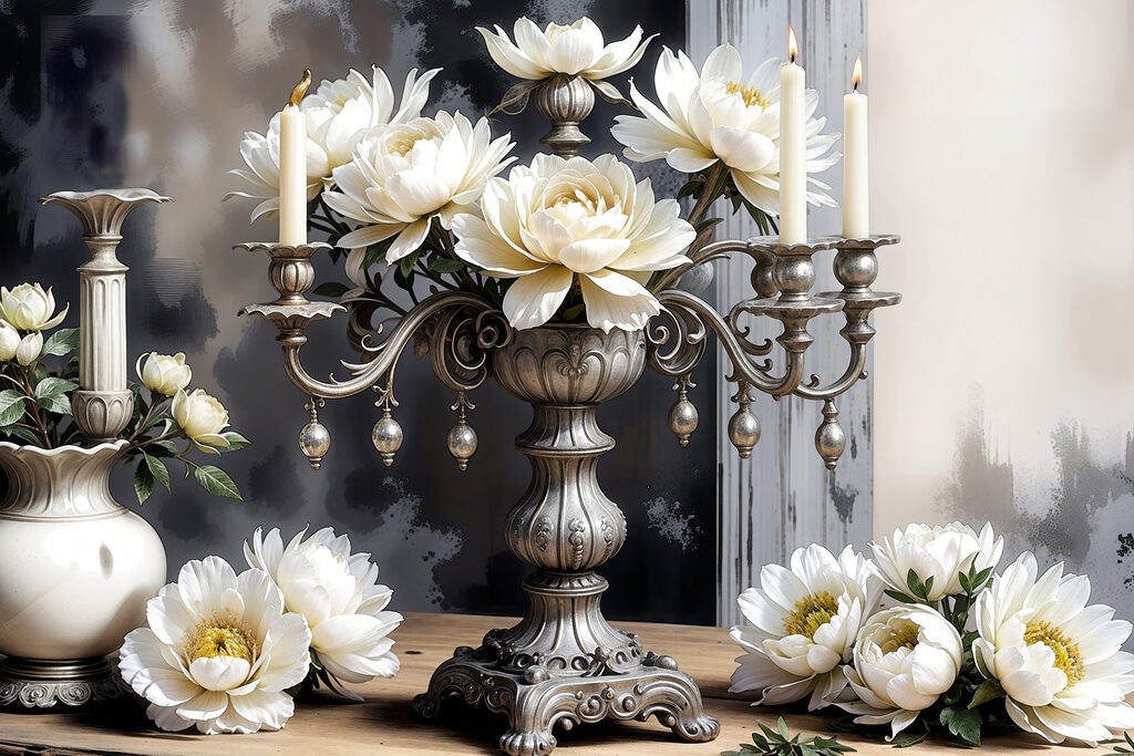 A silver candelabra with white flowers