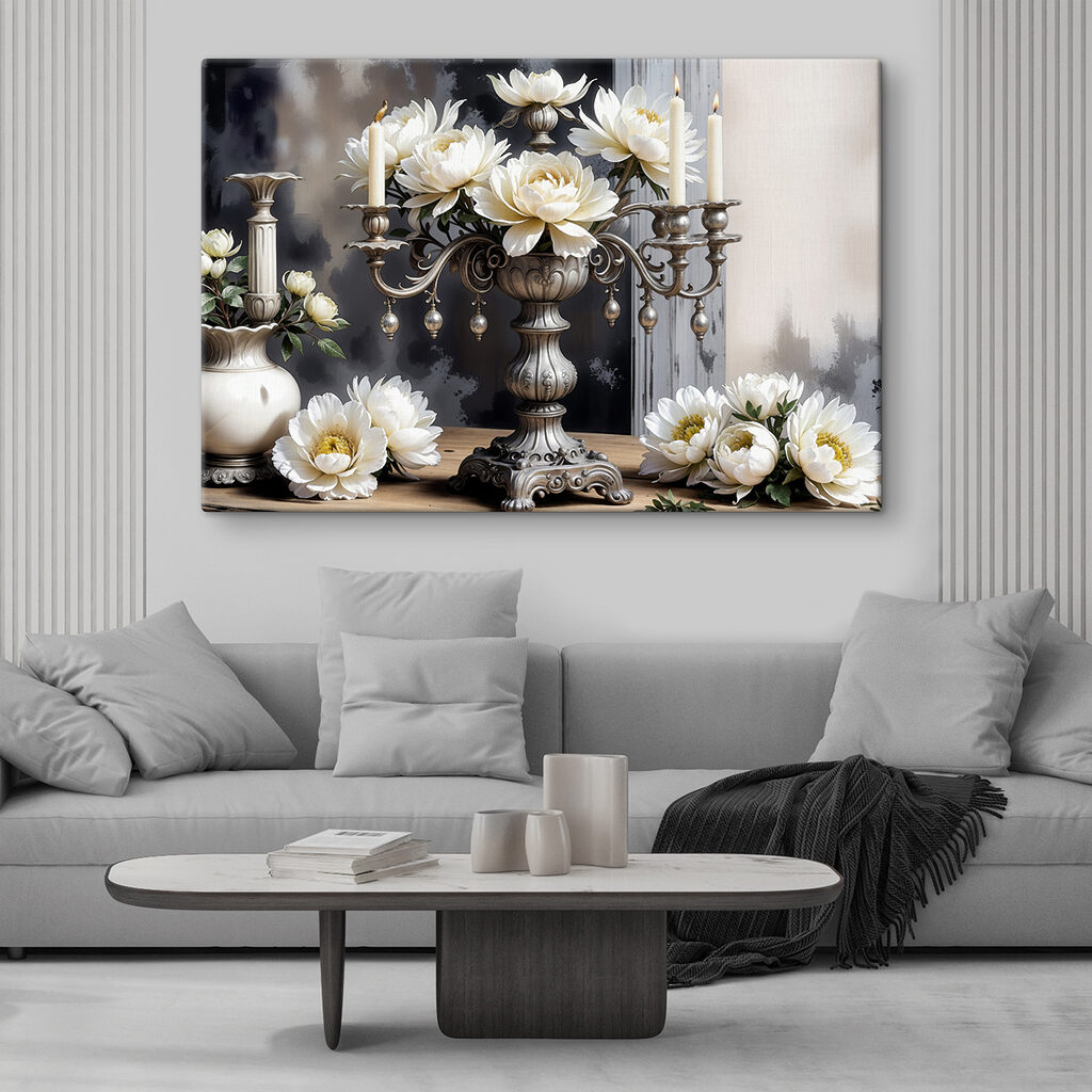 A silver candelabra with white flowers