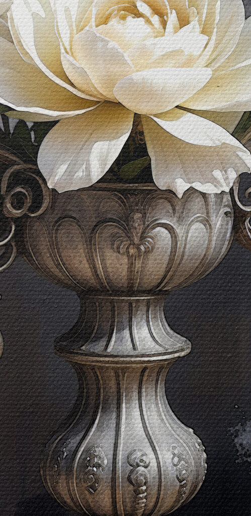 A silver candelabra with white flowers