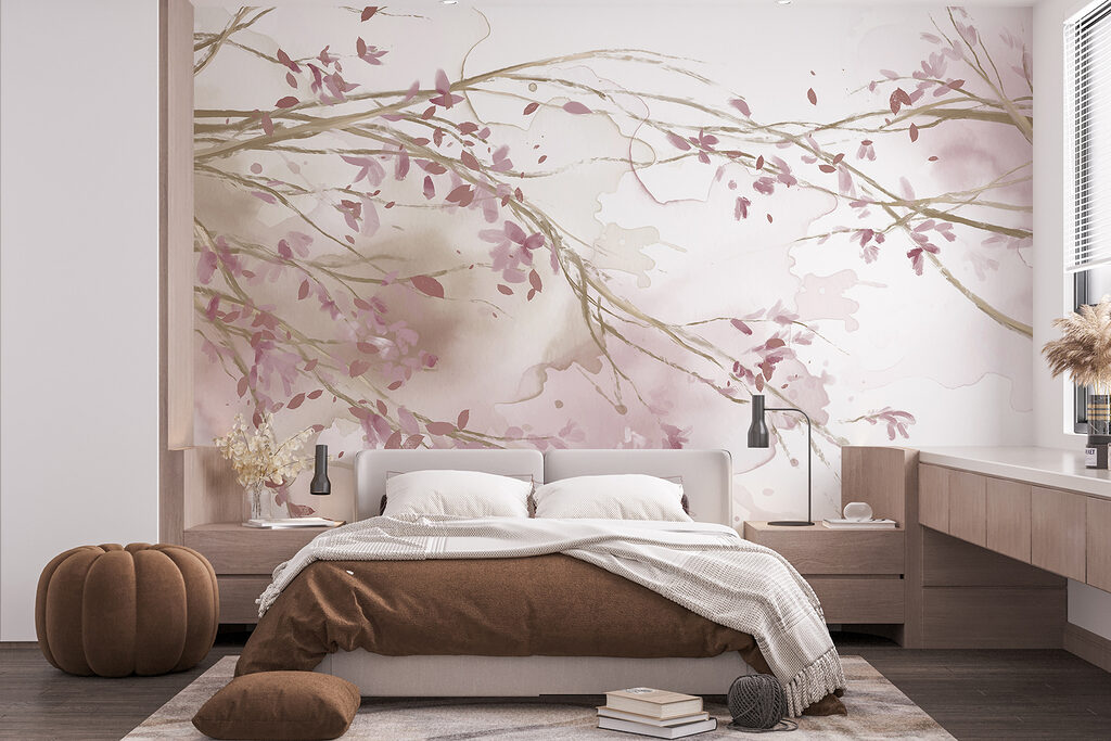 Watercolor of a tree branch with pink flowers Watercolor of a tree branch with pink flowers