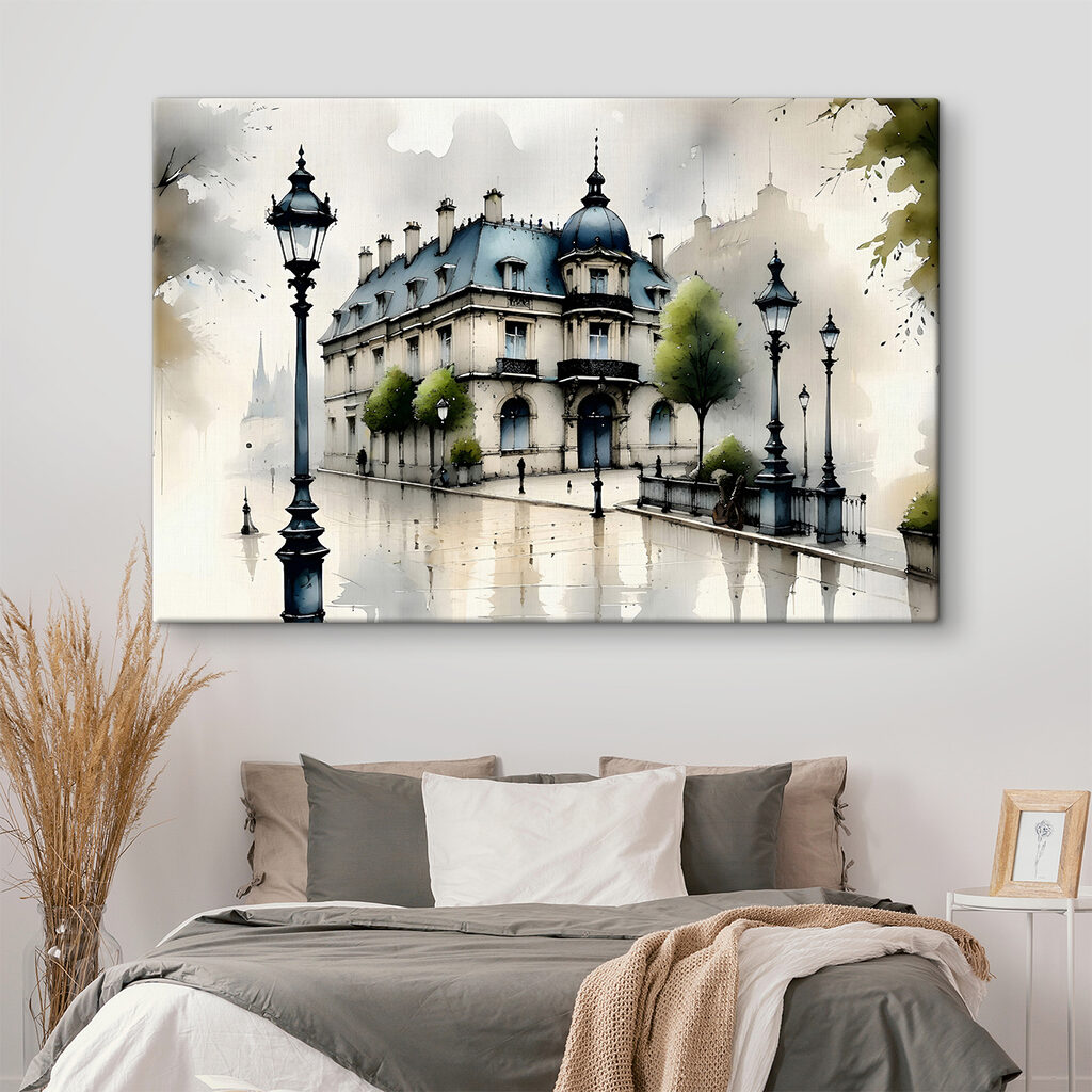 Painting of a building with trees and a street lamp Painting of a building with trees and a street lamp