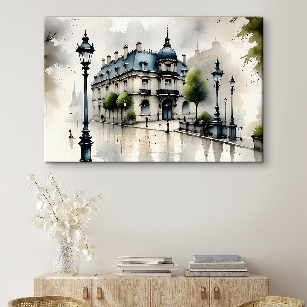 Painting of a building with trees and a street lamp Painting of a building with trees and a street lamp