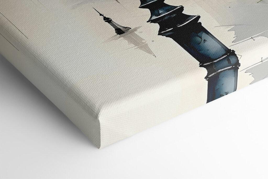 Painting of a building with trees and a street lamp Painting of a building with trees and a street lamp