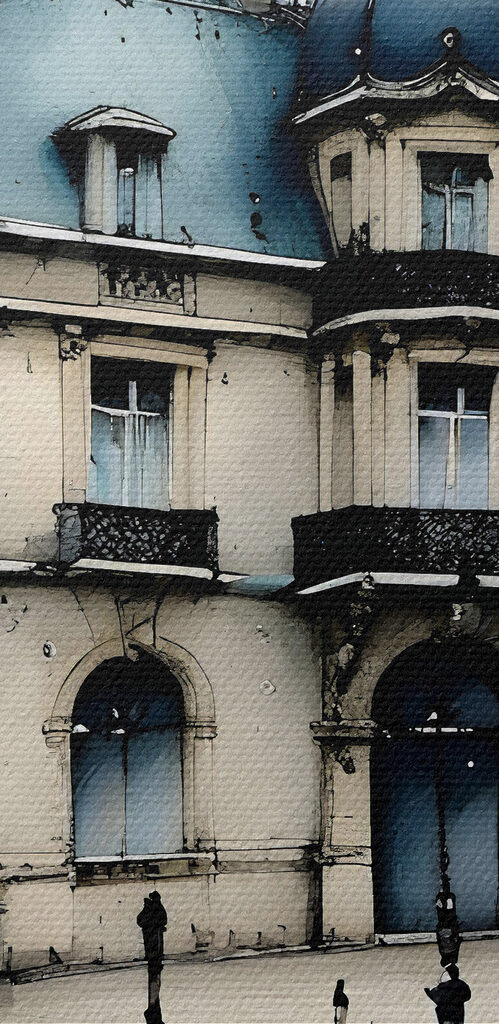 Painting of a building with trees and a street lamp Painting of a building with trees and a street lamp