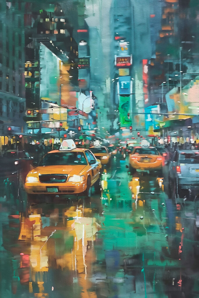 Yellow taxi cabs on a wet street