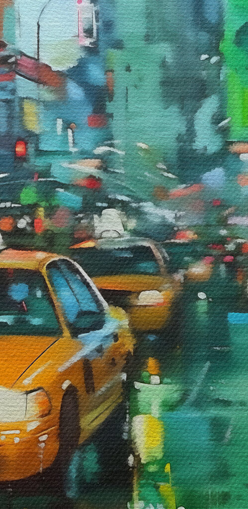 Yellow taxi cabs on a wet street