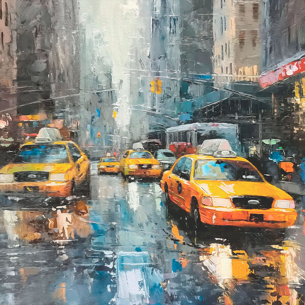 Painting of a street with yellow taxi cabs
