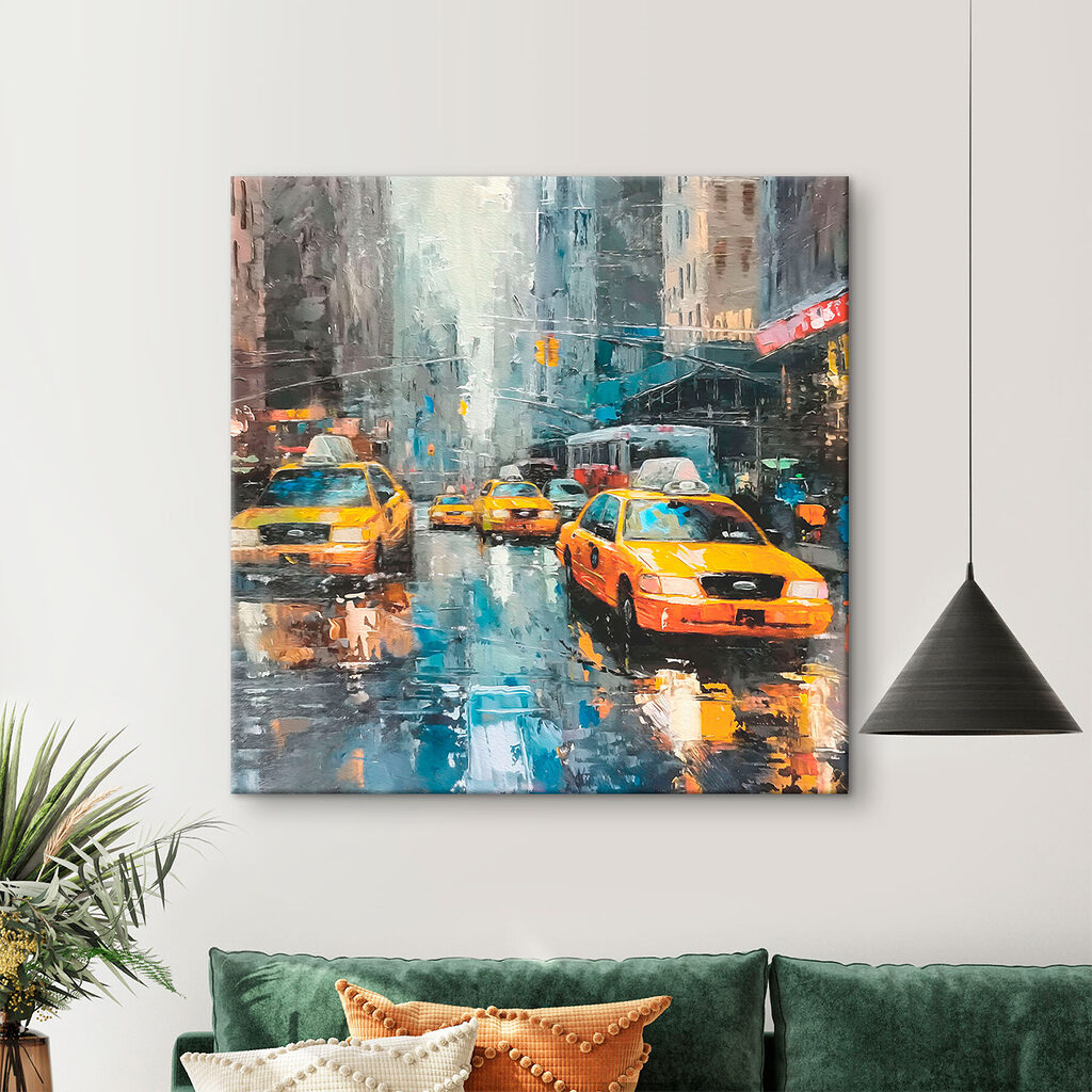 Painting of a street with yellow taxi cabs