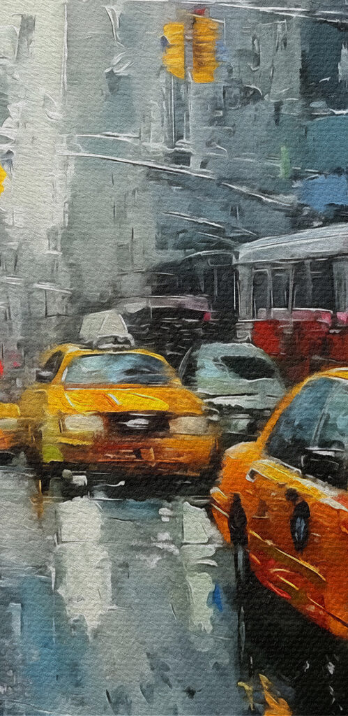 Painting of a street with yellow taxi cabs