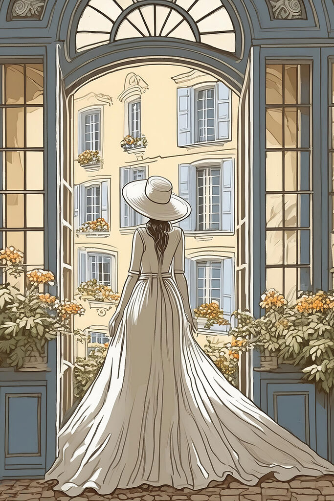 Woman in a dress and hat looking out a window Woman in a dress and hat looking out a window
