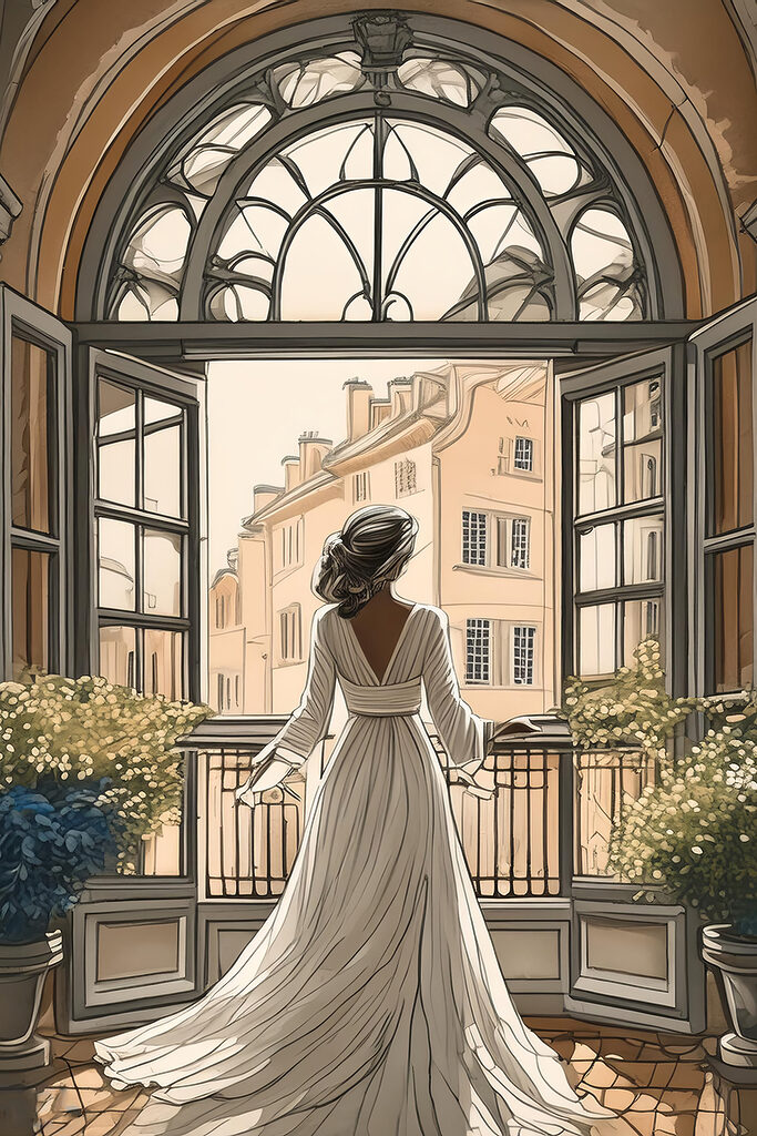 Woman in a white dress looking out a window Woman in a white dress looking out a window