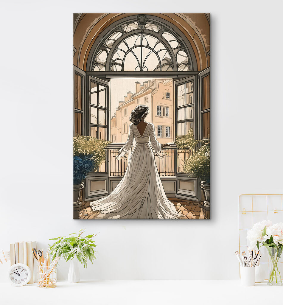 Woman in a white dress looking out a window Woman in a white dress looking out a window
