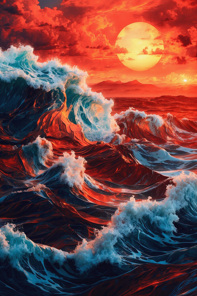 Waves in the ocean with a sunset