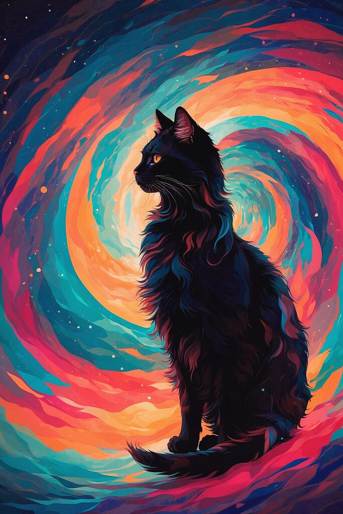 Cat sitting in front of a colorful swirl Cat sitting in front of a colorful swirl