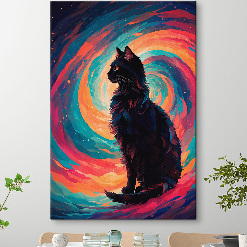 Cat sitting in front of a colorful swirl Cat sitting in front of a colorful swirl