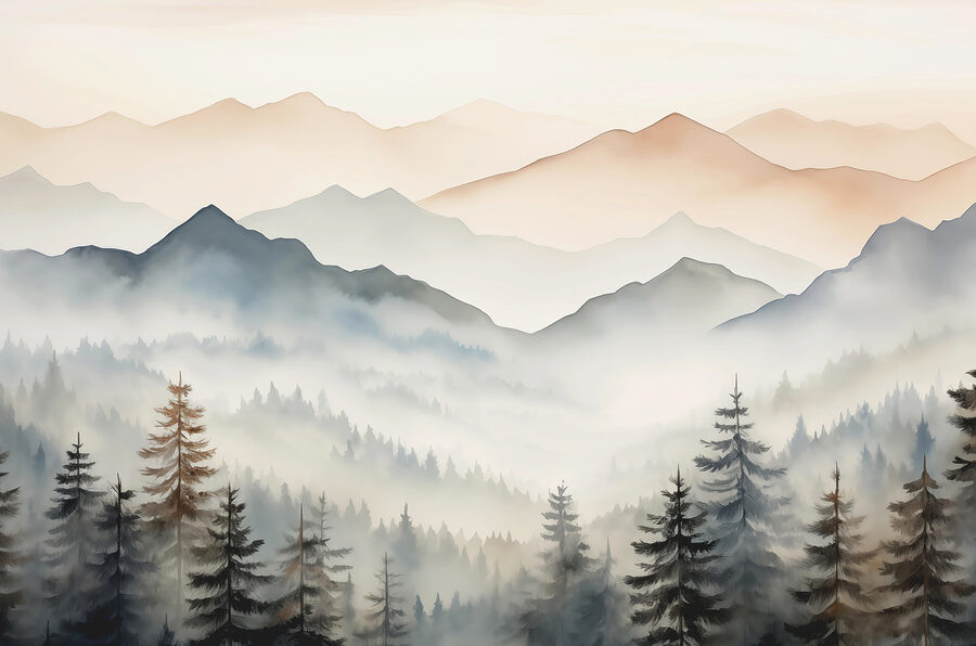 Fototapety Krajina hôr so stromami a hmlou - Image 3