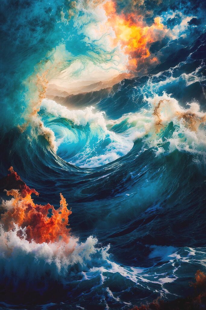 Large waves with fire and smoke Large waves with fire and smoke