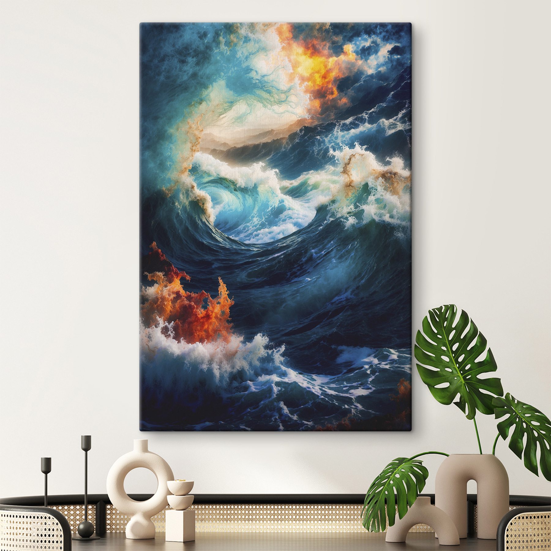 Large waves with fire and smoke Large waves with fire and smoke