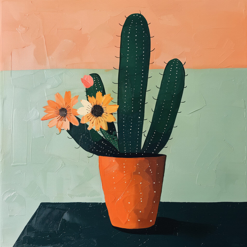 Painting of a cactus with flowers in a pot Painting of a cactus with flowers in a pot