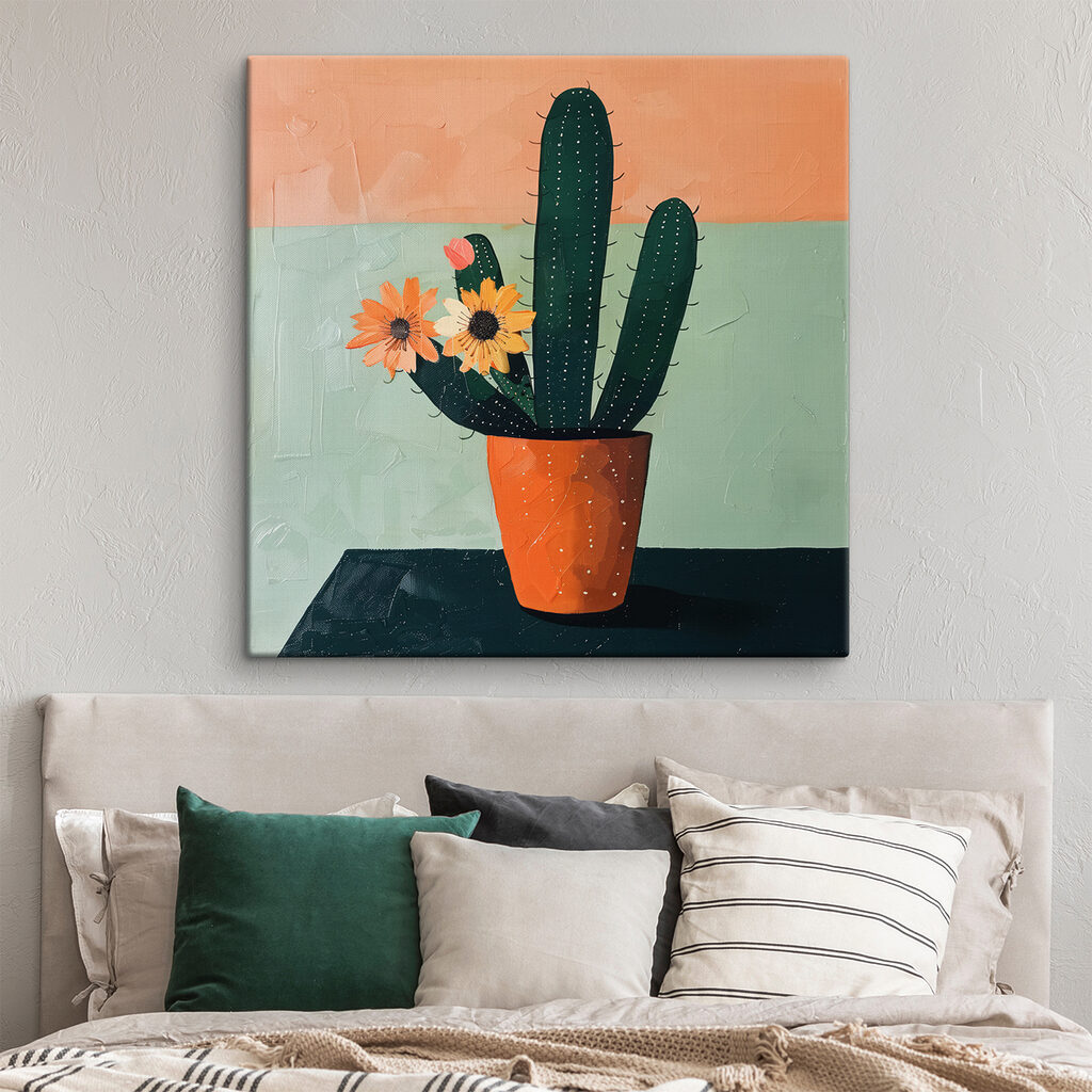 Painting of a cactus with flowers in a pot Painting of a cactus with flowers in a pot